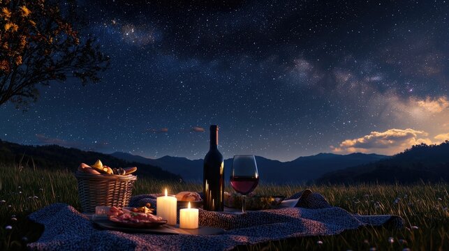 Romantic outdoor picnic under starry sky with wine and candles