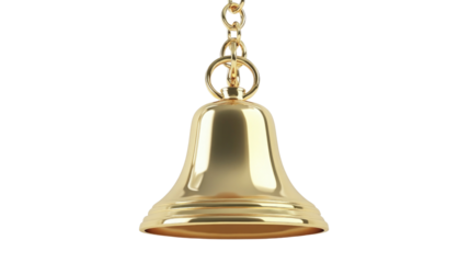 Golden bell hanging on a chain, reflecting light in a bright and simple setting