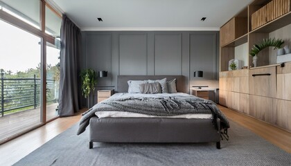 Gray and wooden master bedroom interior