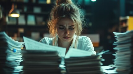 Focused Female Auditor Reviewing Financial Documents in a Dimly Lit Office Environment with Stacks of Paperwork Surrounding Her