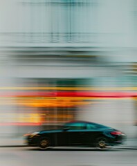 Motion blur of a black luxury car driving through a city street at sunset, showcasing urban lifestyle and dynamic movement