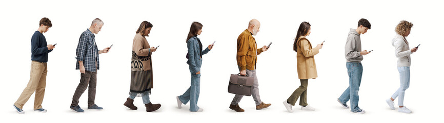 Group of ordinary people looking at their smartphone display