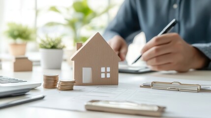 Financial Adviser Explaining Estate Planning Concepts with Model House and Coins on Desk with Documents and Laptop