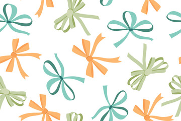 Fototapeta premium Seamless pattern of colorful bows in flat style. Satin ribbon bows for Christmas presents, gift cards and luxury packaging isolated on white background. Vector illustration