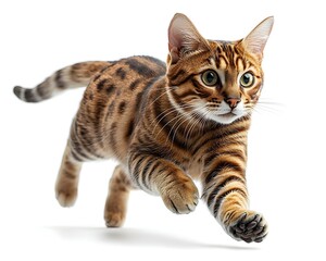 Fierce Bengal Cat Pouncing on White Backdrop Accentuated Motion