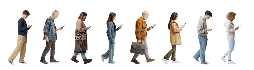Group of ordinary people looking at their smartphone display