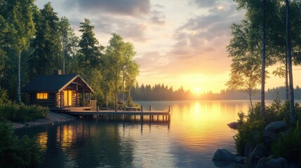 Obraz premium Serene Sunset at Lakeside Cabin