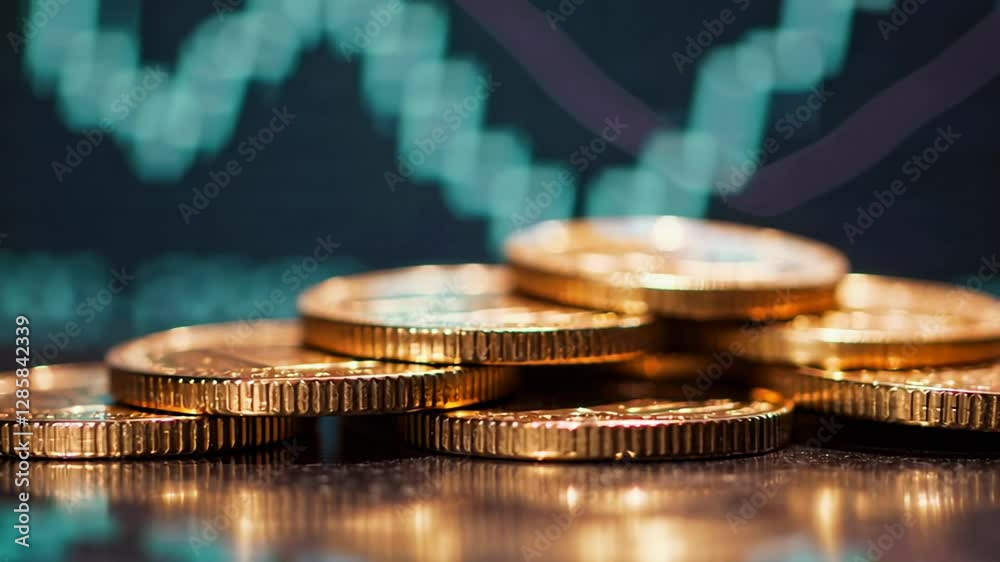 Poster golden coins stacking vertically near dynamic stock chart background, representing financial growth,