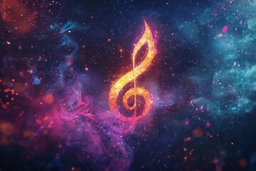Colorful musical note symbol with vibrant cosmic background highlighting creativity and inspiration, perfect for music related projects and artistic concepts