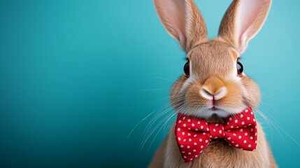 Rabbit wearing a red bow tie is staring at the camera. The rabbit is wearing a red bow tie and is standing on a blue background
