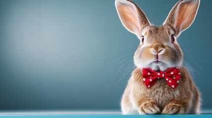 Obraz premium Rabbit wearing a red bow tie is sitting on a table. The rabbit's eyes are closed, and it is looking at the camera. Concept of whimsy and playfulness