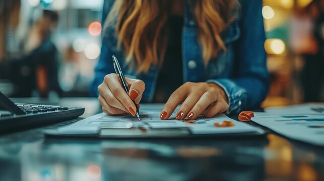 Female Auditor Taking Notes During Financial Review with Calculator in Modern Office Setting Focused on Document Analysis and Productivity