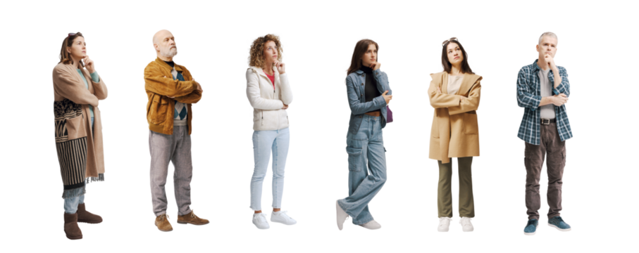 A Group of people standing and looking forward,