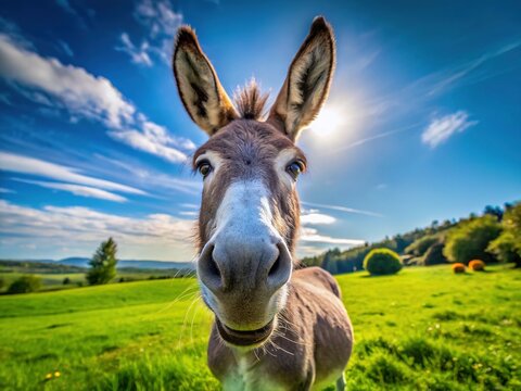 Funny Donkey Portrait, Adorable Farm Animal, Happy Donkey Smiling, Grey Donkey Close Up,  Summer Pasture