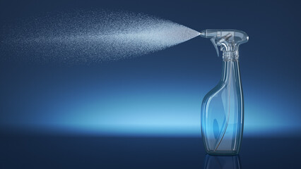 Clear plastic spray bottle sprays liquid into mist. 3d illustration on blue gradient background