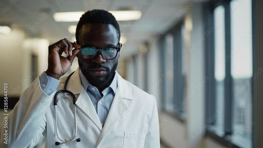 Poster professional medical expert adjusting eyewear while standing in bright hospital corridor, maintainin