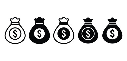 money bag dollar symbol sign icon vector design black white outline and black solid color illustration set