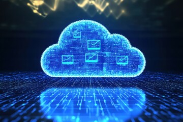 Futuristic glowing cloud storage concept with a digital network interface