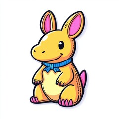 Cute cartoon character of a yellow kangaroo with pink ears and a blue bow tie, playful and cheerful vibe