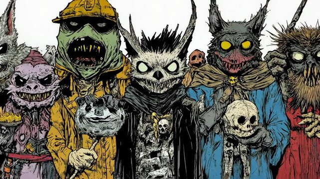 Unique parade of fantastical creatures showcasing vibrant costumes and eerie charm in a lively celebration of Halloween
