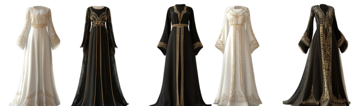 Elegant traditional middle eastern abaya gowns with intricate gold embroidery