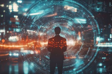 Silhouette of man inside futuristic digital data tunnel with glowing cyber elements