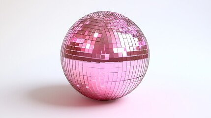 A pink disco ball, with a pink mirrored texture, creating pink reflections, isolated on a white background.