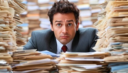 Business Owner in an Overwhelming Sea of Paperwork, Feeling Stressed While Looking for Solutions in a Chaotic Office Environment