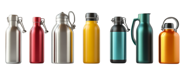 Colorful metal water bottles collection in various designs and sizes