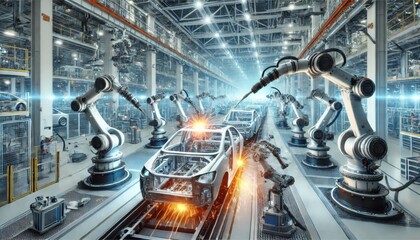 A futuristic scene in an automotive factory where robotic arms are welding car frames. Bright sparks fly as multiple robotic welders work simultaneously in a clean, high-tech environment