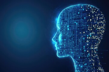 Obraz premium Neural network concept with circuit board head silhouette and floating binary code, modern AI technology theme for software development or website graphics.