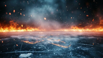 A stunning visual of a dramatic contrast between ice and fire, showcasing a fiery landscape against a cold, icy foreground with smoke and embers.