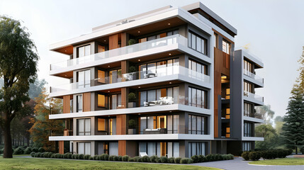 Obraz premium Modern multi-story residential building with balconies surrounded by trees and landscaped gardens