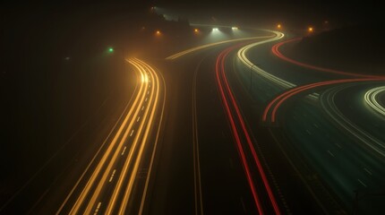 Highway at Night with Streaks of Light During Heavy Fog