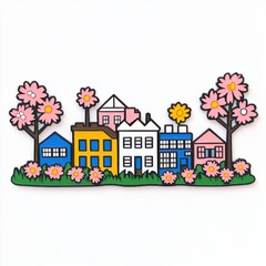 Fototapeta premium Colorful urban landscape illustration with flowers and cheerful houses in pastel colors on a white background