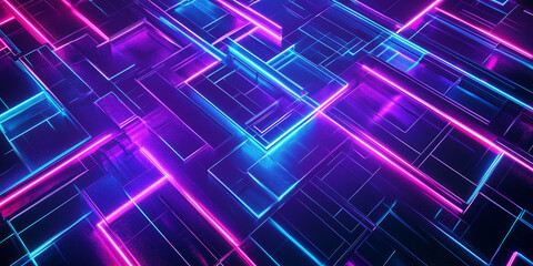 Vibrant neon light patterns create a mesmerizing deep blue ambiance in a modern digital art installation at night, showcasing intricate geometric designs