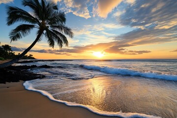 Tropical paradise beach with palm tree at sunset reflecting on ocean waves