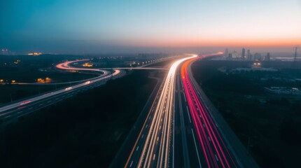 Highway at Night with Car Light Trails and Skyline View