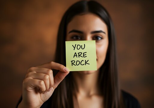 Woman holding a yellow sticky compliment  "You Are Rock" in front of face, close-up shot.