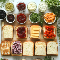 A DIY sandwich station with various bread types, jams, and healthy spreads, perfect for a creative sandwich experience.