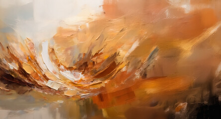 Abstract artwork featuring swirling brushstrokes in warm colors like orange, brown, and yellow, creating a textured and dynamic visual.