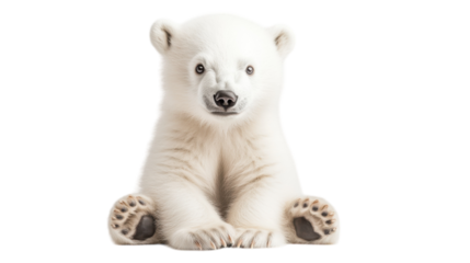 Polar bear cub sitting against a white background, showcasing its fluffy fur and playful demeanor