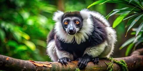 Fototapeta premium Majestic Black and White Ruffed Lemur in Wild Habitat - Stock Photo