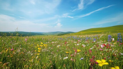 Vibrant Wildflower Meadow in Springtime Sunlight with Scenic Green Hills