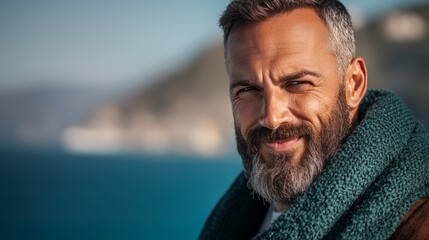 Fototapeta premium Man with a beard and a green scarf is smiling at the camera. The image has a light and cheerful mood, with the man's smile and the blue ocean in the background