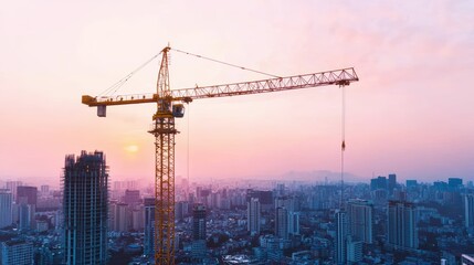 Fototapeta premium Sunrise Over City Skyline with Construction Crane and Urban Development in Soft Lighting