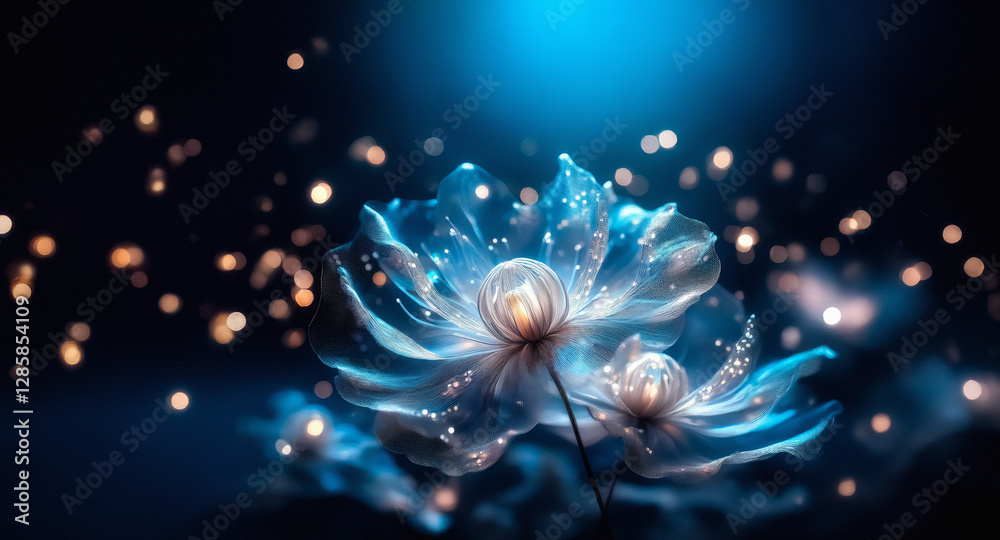 Sticker two luminous ethereal flowers bloom in the dark, glowing with a soft, magical light. bokeh dots drif