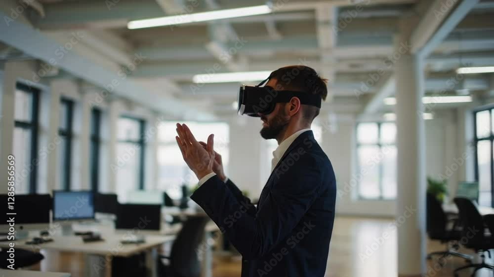 Poster Office worker wearing vr headset interacts with virtual environment using hand gestures in a bright, modern office space, captured in slow motion
