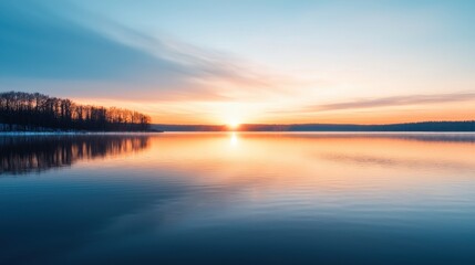 Obraz premium Tranquil Sunset Over Calm Waters with Reflections of Sky and Trees in Serene Landscape