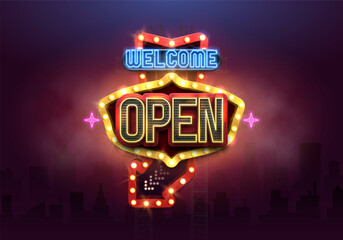 Shining retro neon sign Open with an arrow. Vintage billboard with neon lights. Vector illustration.